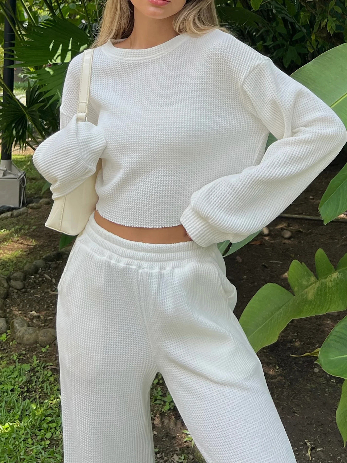 🤍Waffle-Knit Round Neck Top and Pants Set