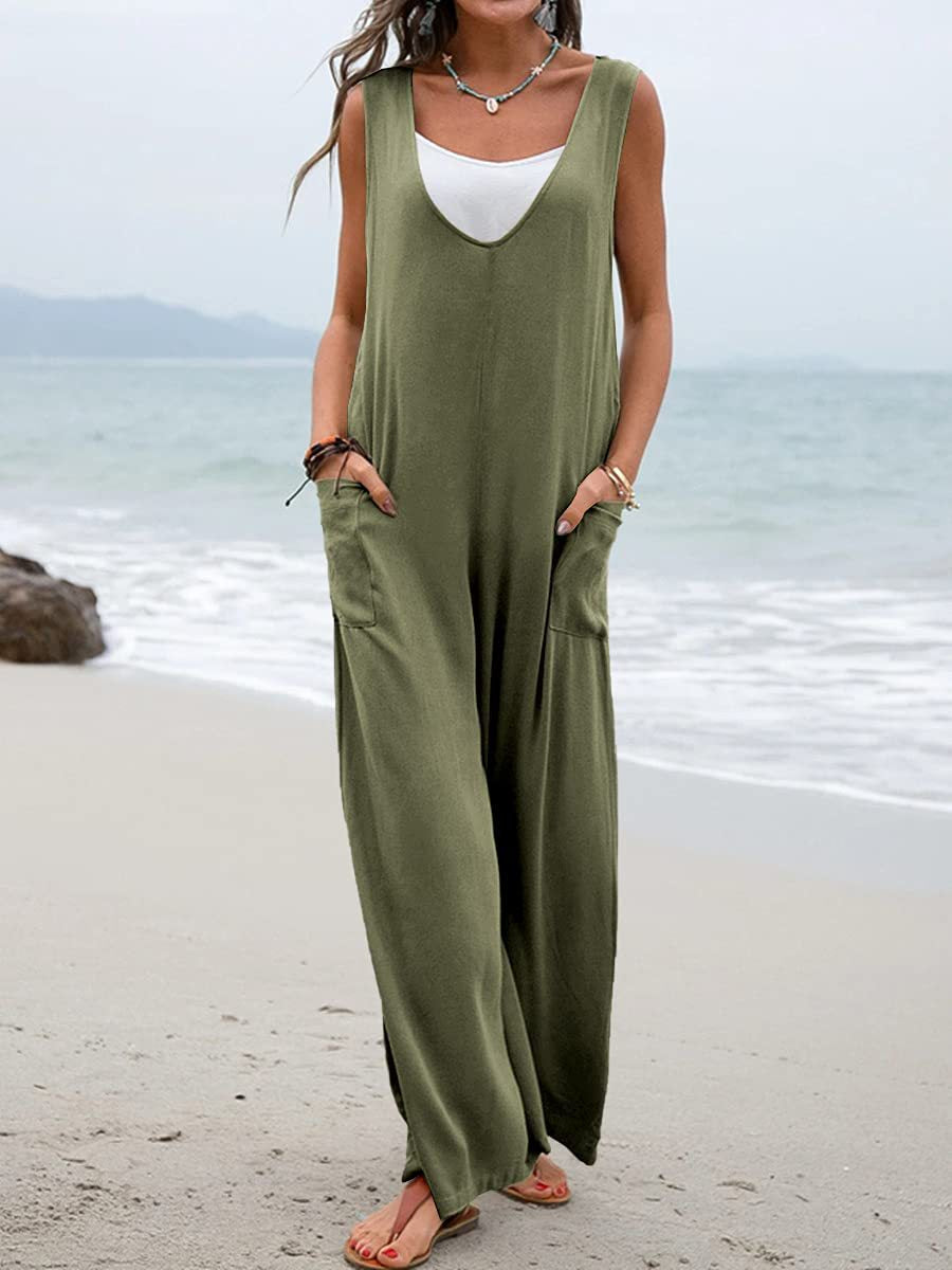 Solid V Neck Pocket Jumpsuit