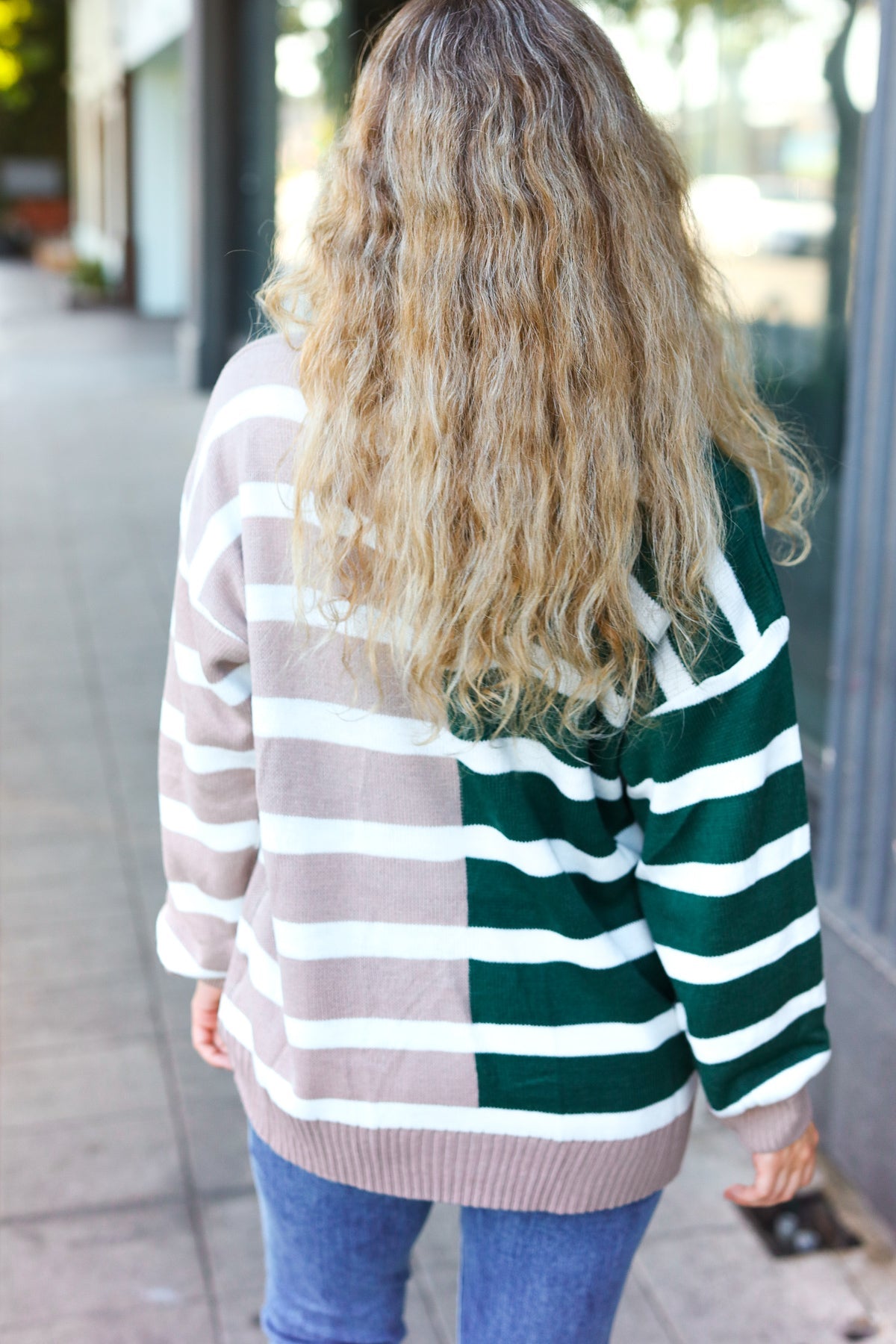 Hunter Green & Taupe Striped Color Block Sweater