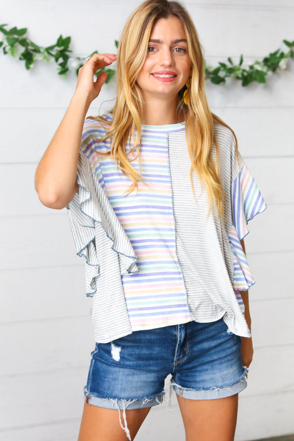 Plum Stripe Color Block Ruffle Sleeve Top