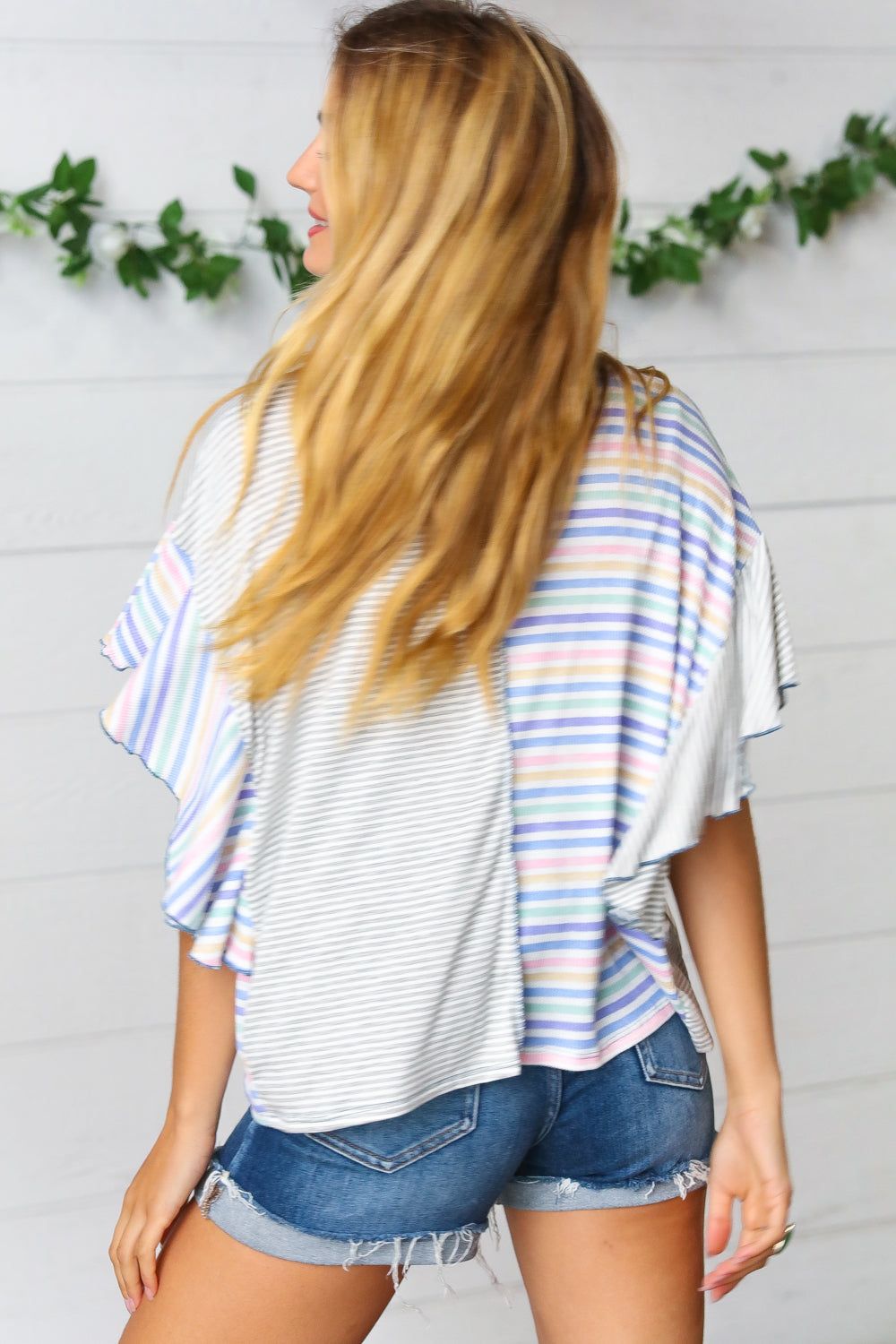 Plum Stripe Color Block Ruffle Sleeve Top