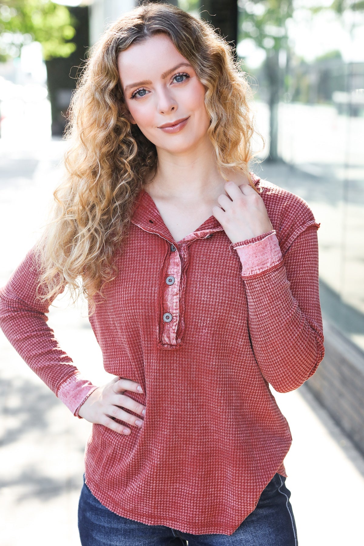 Rust Washed Baby Waffle Henley Top