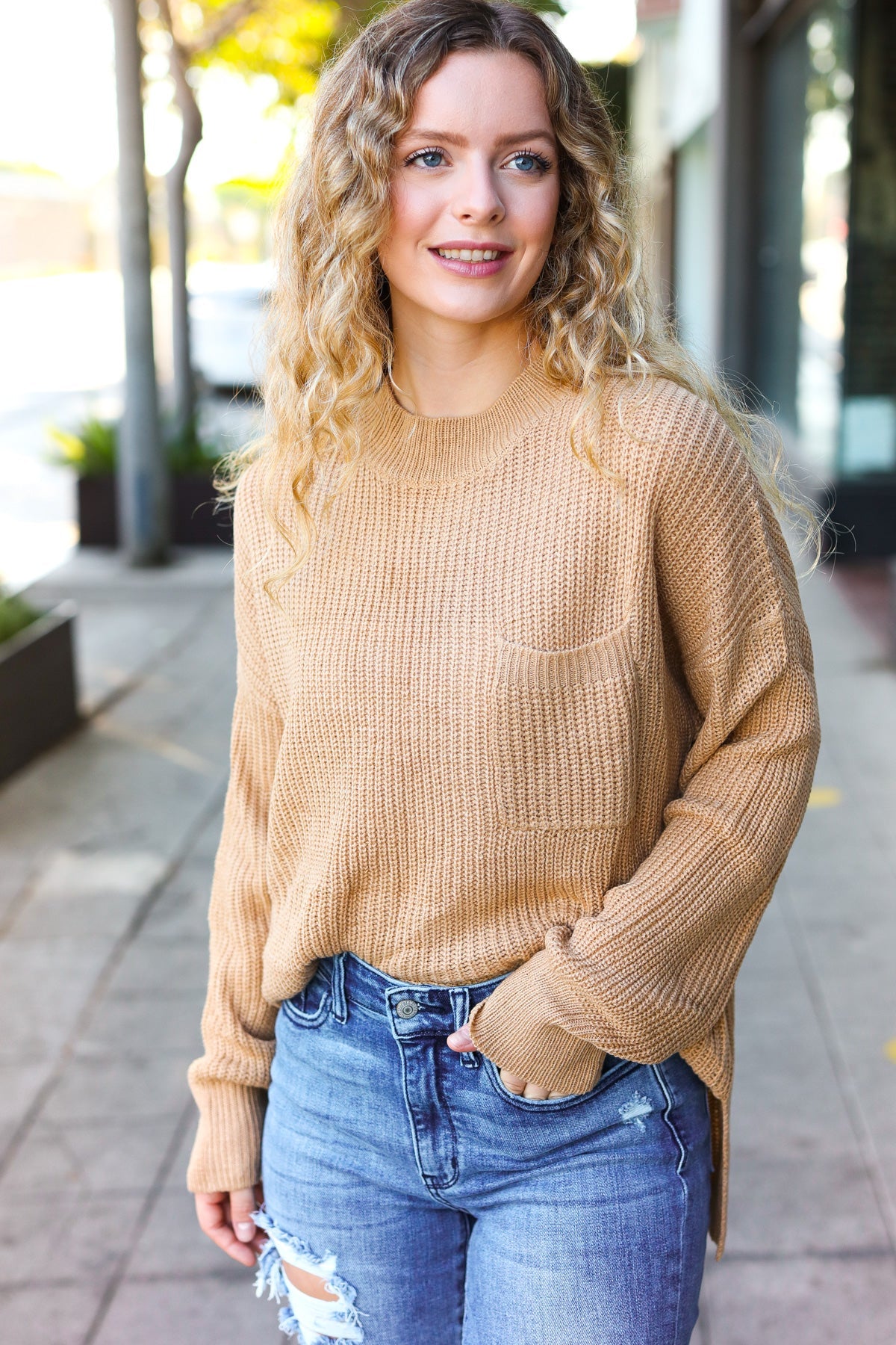 Classy Chic Taupe Mock Neck Chest Pocket Knit Sweater