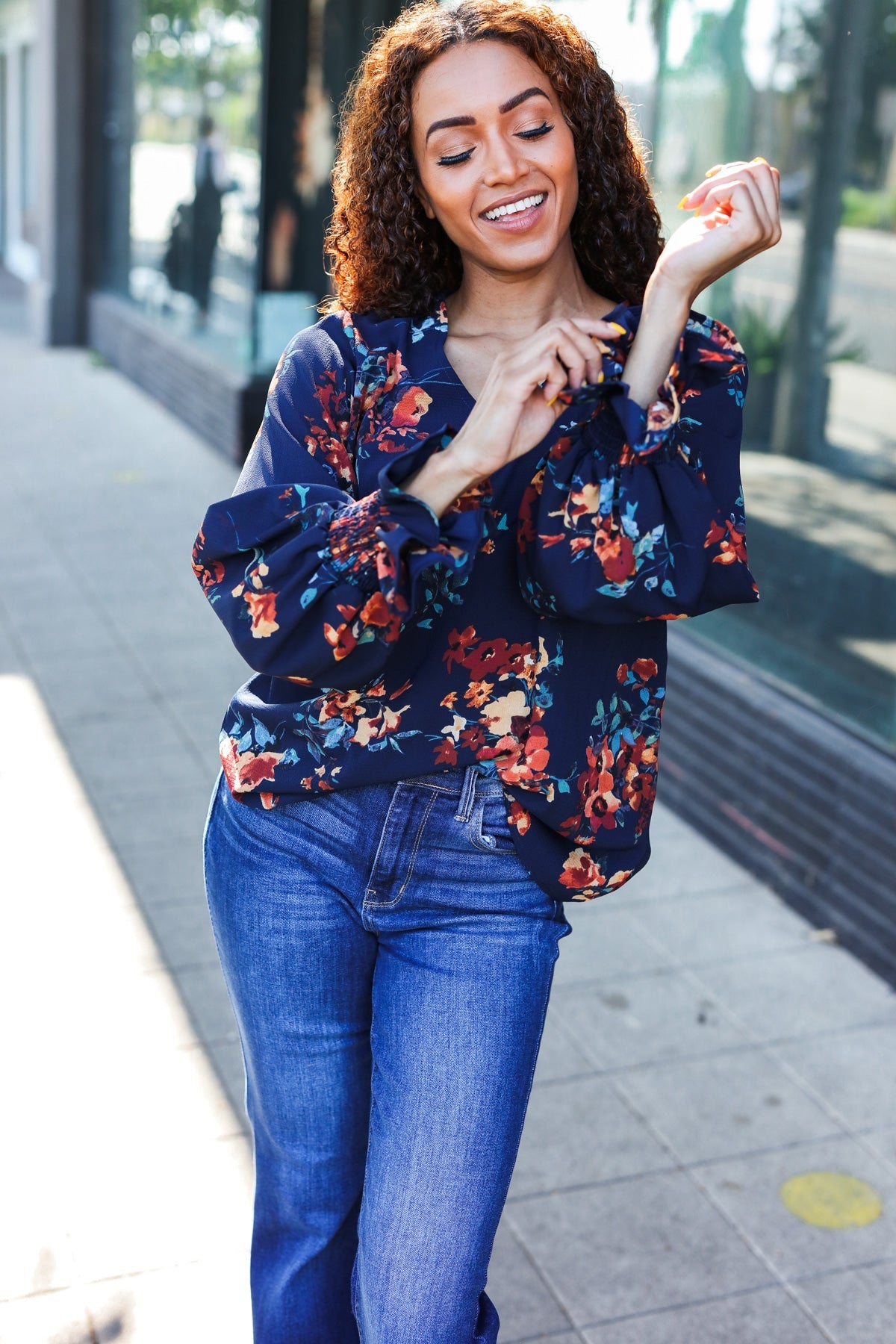 Lovely In Navy Floral Print Smocked Bubble Sleeve Woven Top