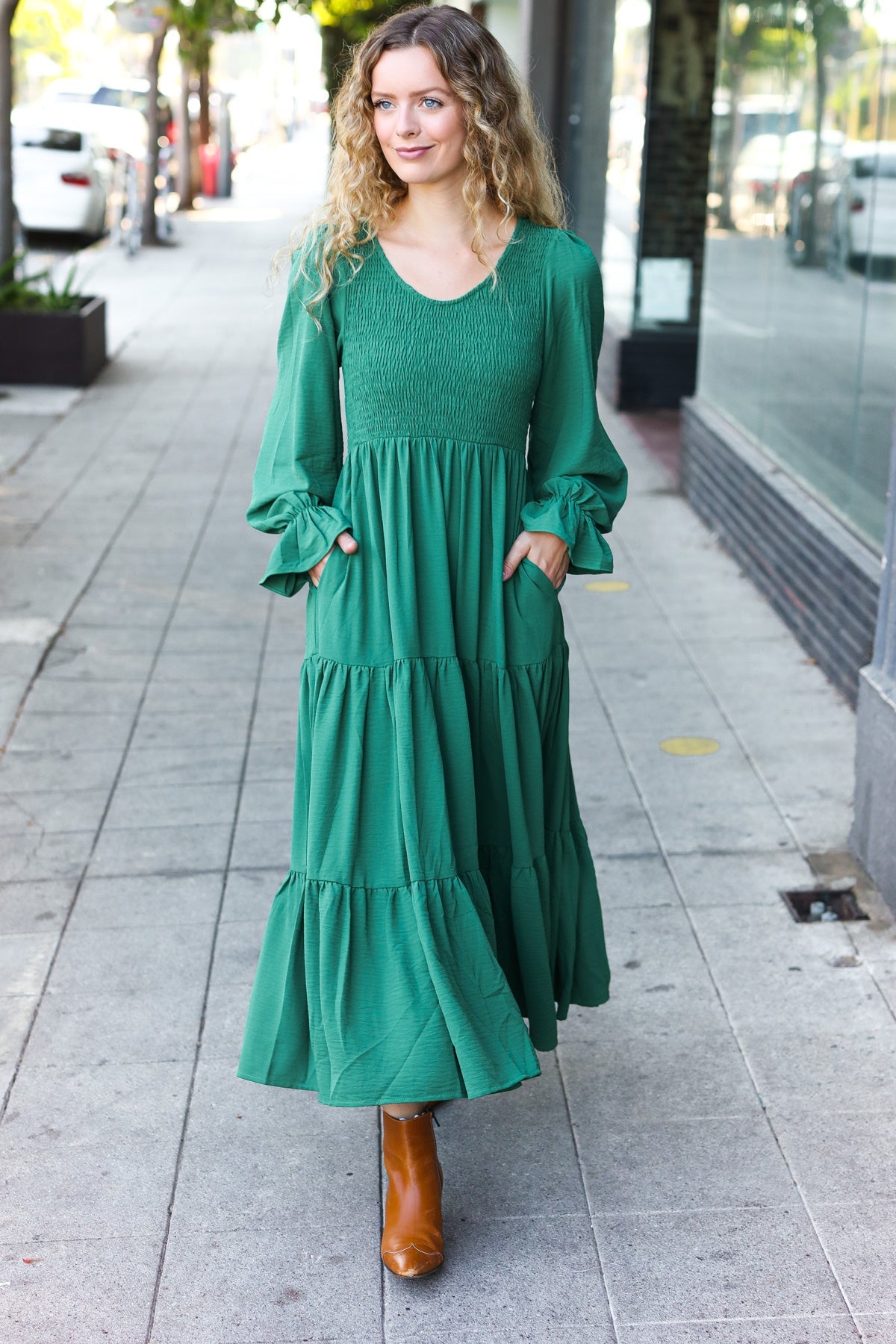 Beautiful You Green Smocked Ruffle Sleeve Maxi Dress