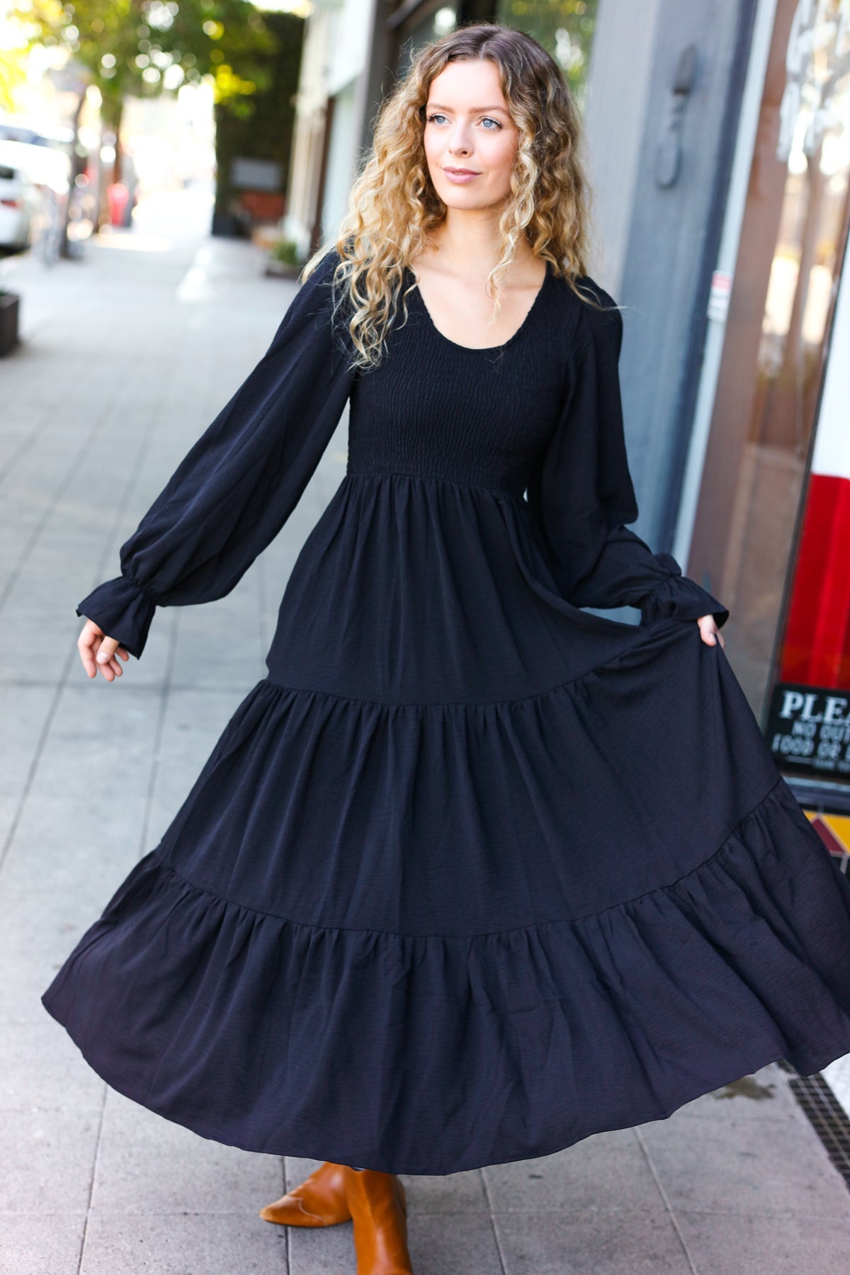 Beautiful You Black Smocked Ruffle Sleeve Maxi Dress