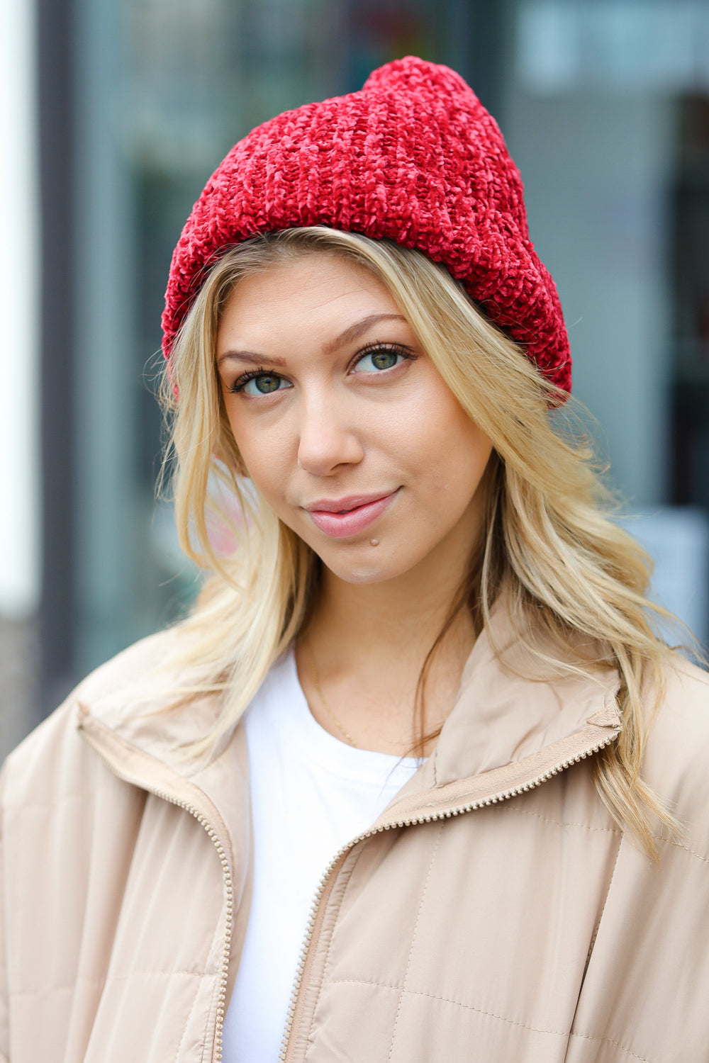 Cranberry Knit Velvet Chenille Fold Over Beanie