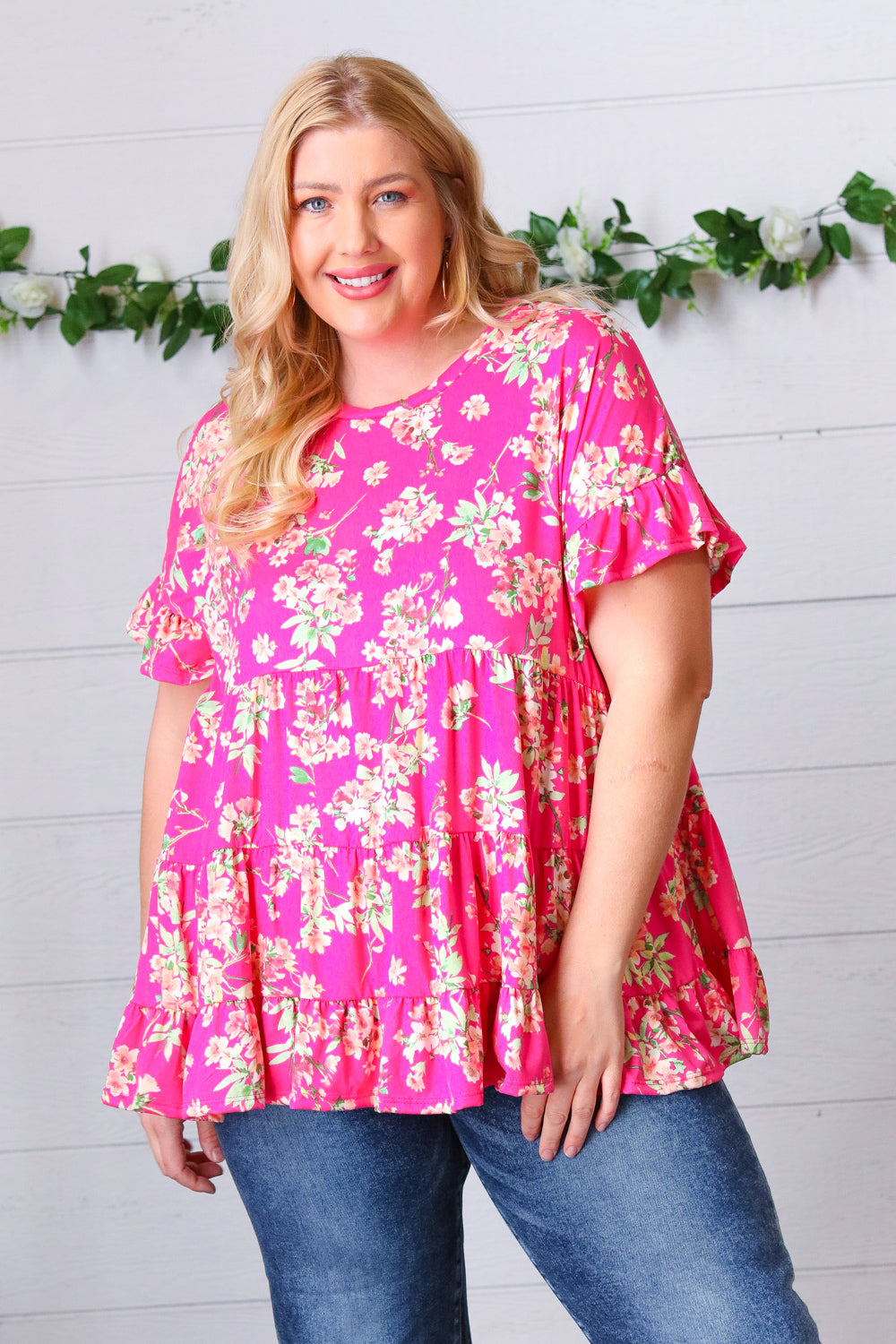 Fuchsia Floral Frill Ruffle Hem Tiered Swing Top