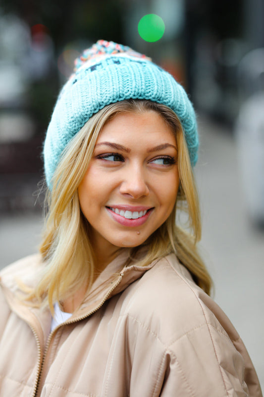 Teal Multicolor Cable Knit Pom-Pom Beanie