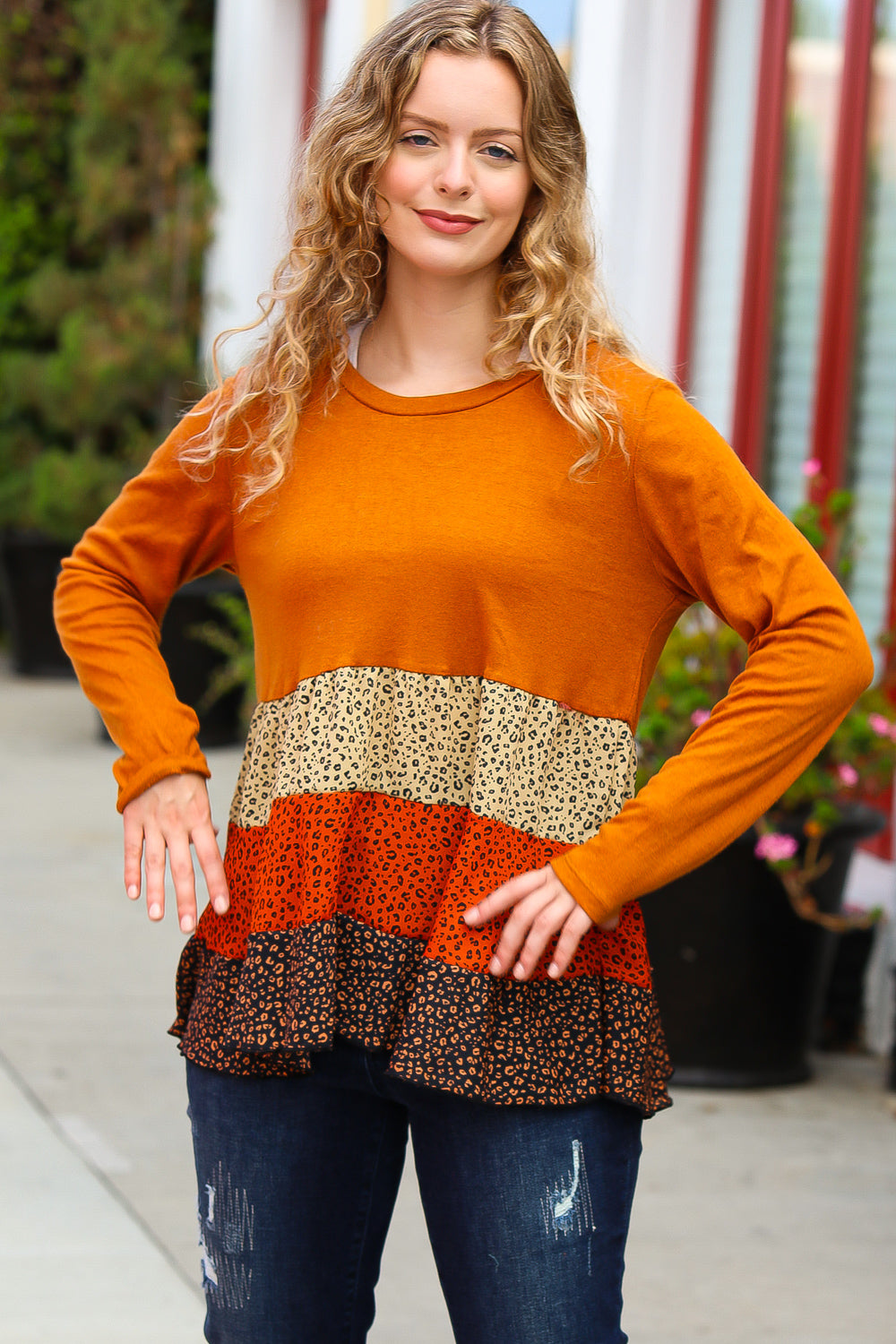 Rust & Taupe Leopard Print Tiered Babydoll Top