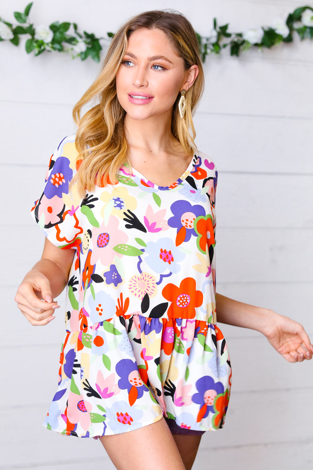 Multicolor Flat Floral V Neck Woven Babydoll Top