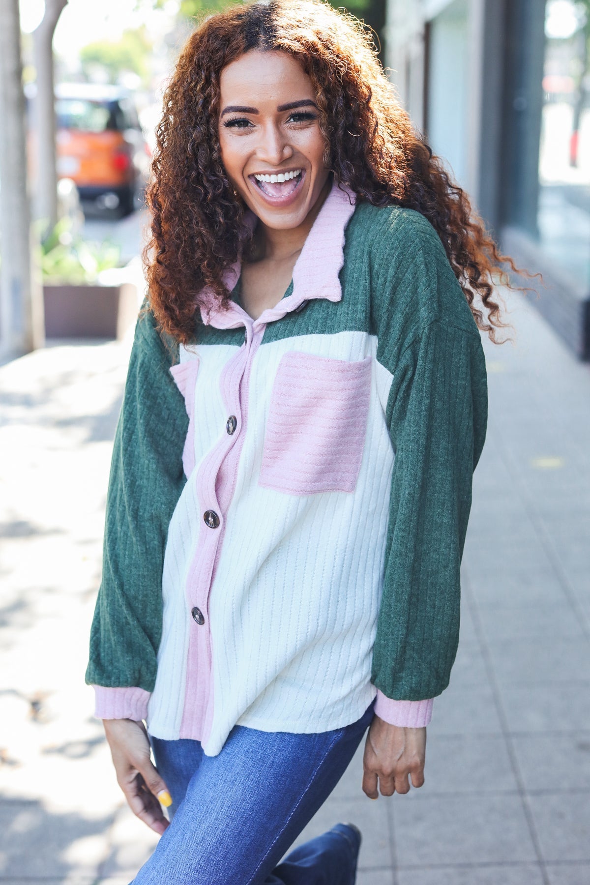 Pretty In Pink & Olive Color Block Button Down Ribbed Shacket