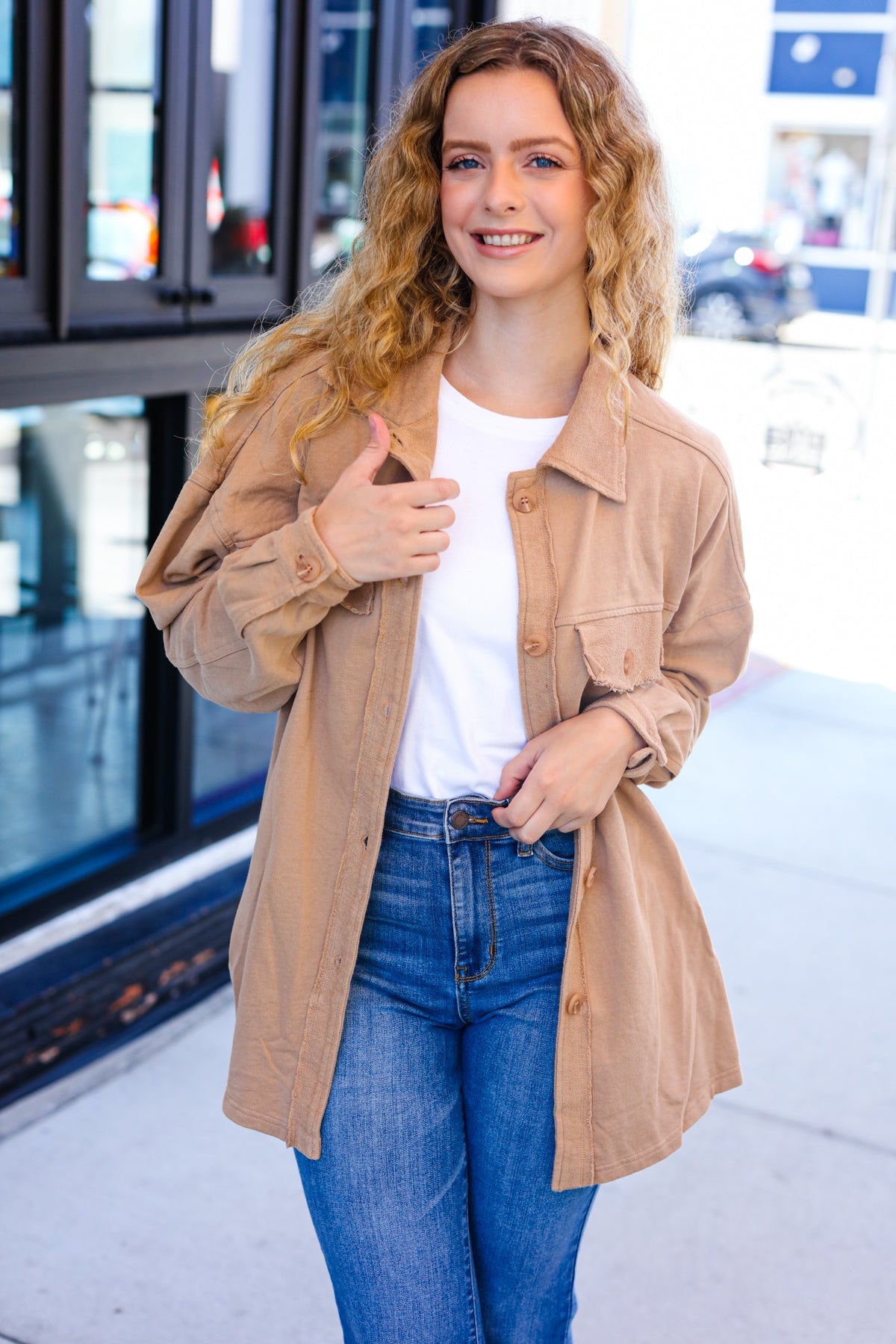 Weekend Ready Camel Terry Oversized Shirt Shacket