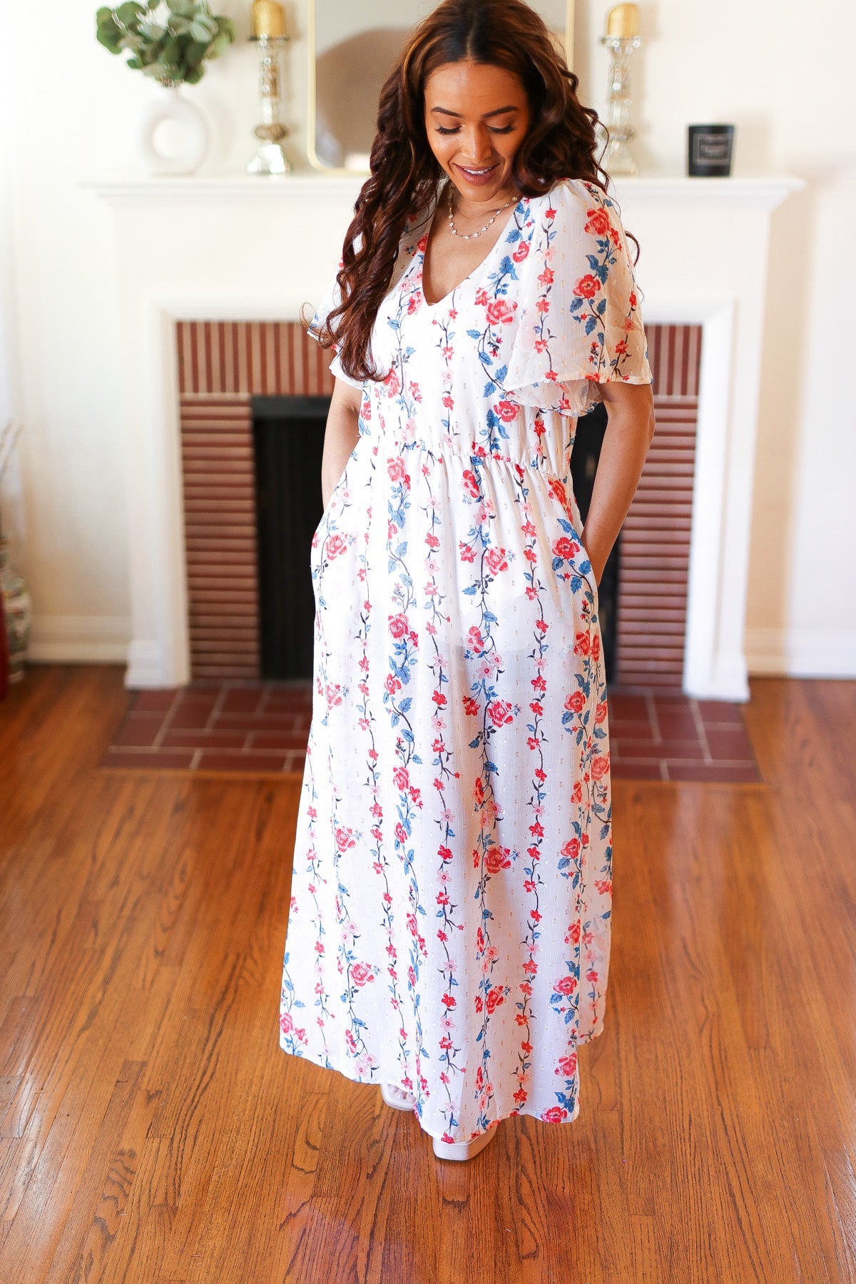 Red/Blue Floral Swiss Dot Chiffon Foil Maxi Dress