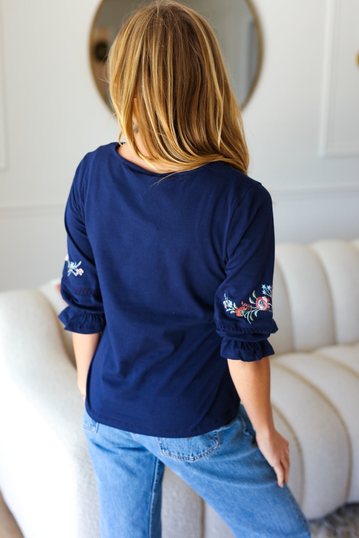 Keep You Close Navy Floral Embroidery Square Neck Blouse