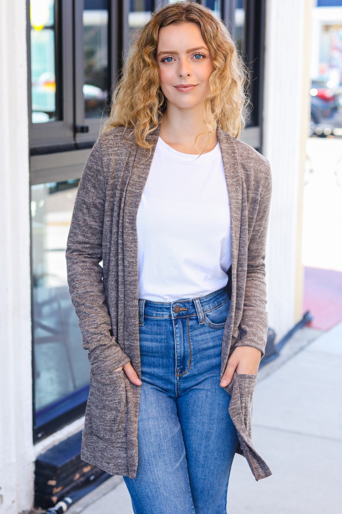 Lovely In Ash Brown Two Tone Hacci Open Cardigan