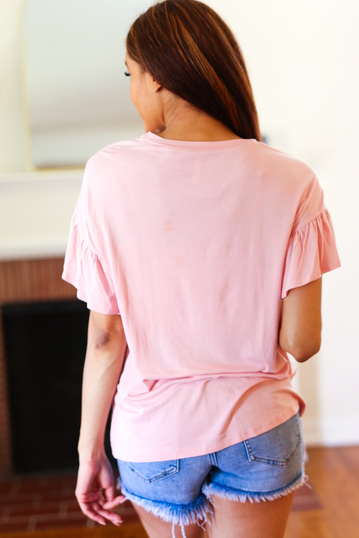 Live For Today Pink Floral Smiley Face Flutter Sleeve Tee