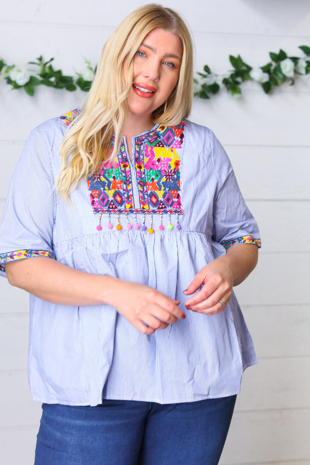 Navy Stripe Embroidered Beaded Pom Pom Yoke Top