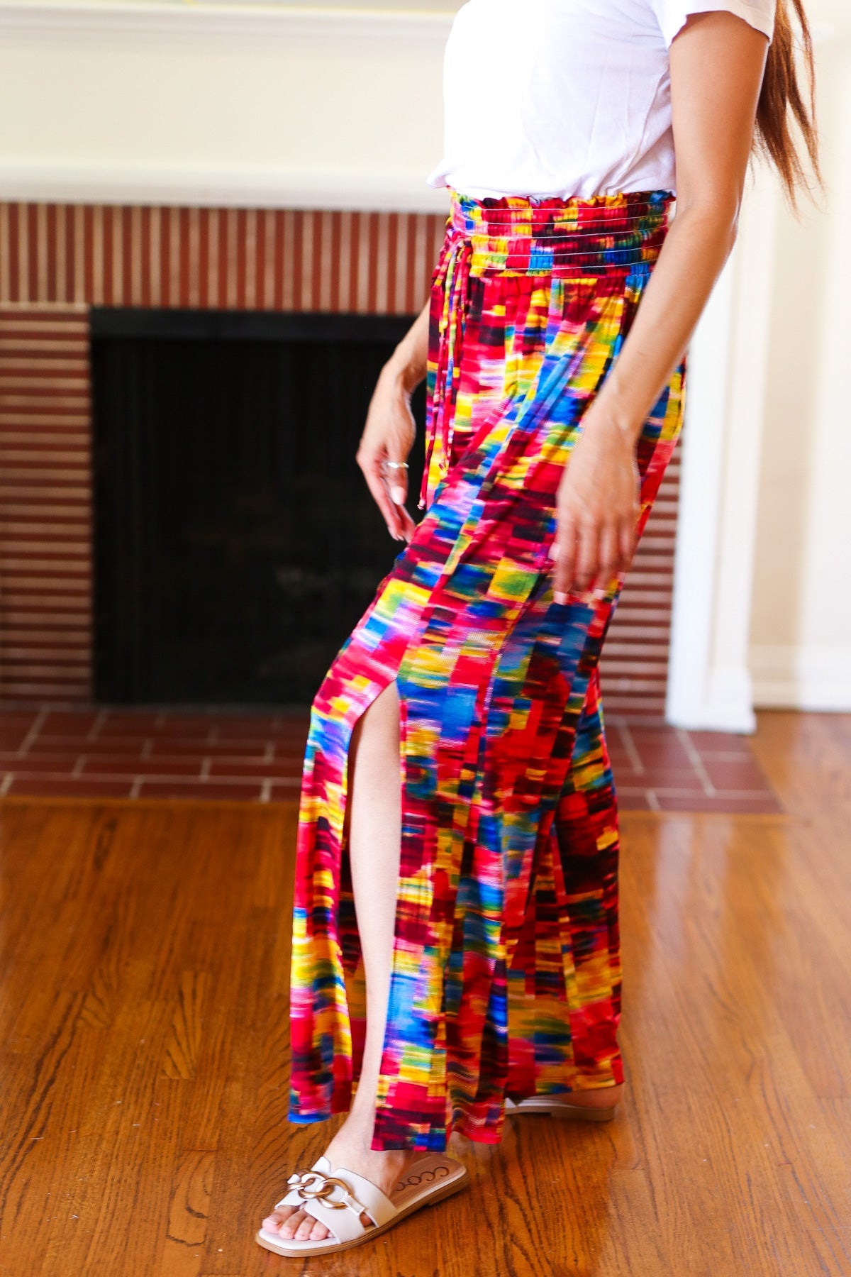 Vacay Vibes Kaleidoscope Smocked Waist Side Slit Palazzo Pants