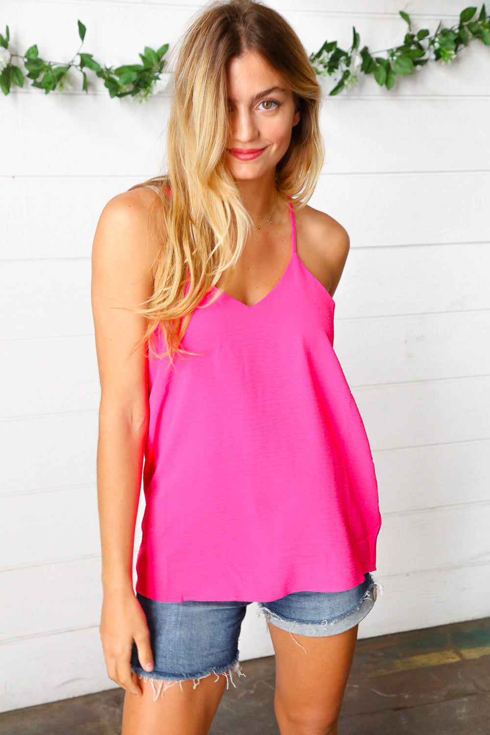 Hot Pink Adjustable Strap V Neck Lined Cami