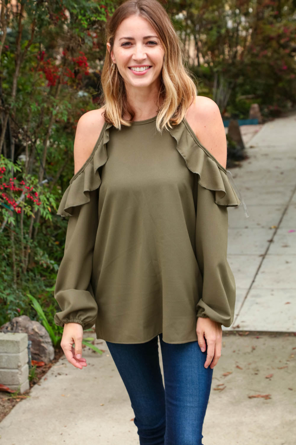 Hunter Green Halter Cold Shoulder Ruffle Woven Top