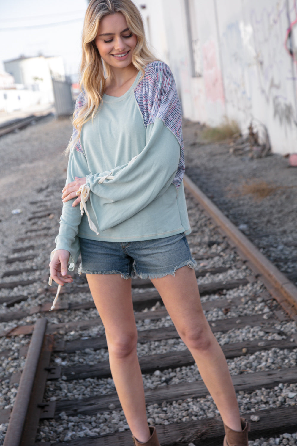 Mint Lace Up Long Sleeve French Terry Oversized Pullover