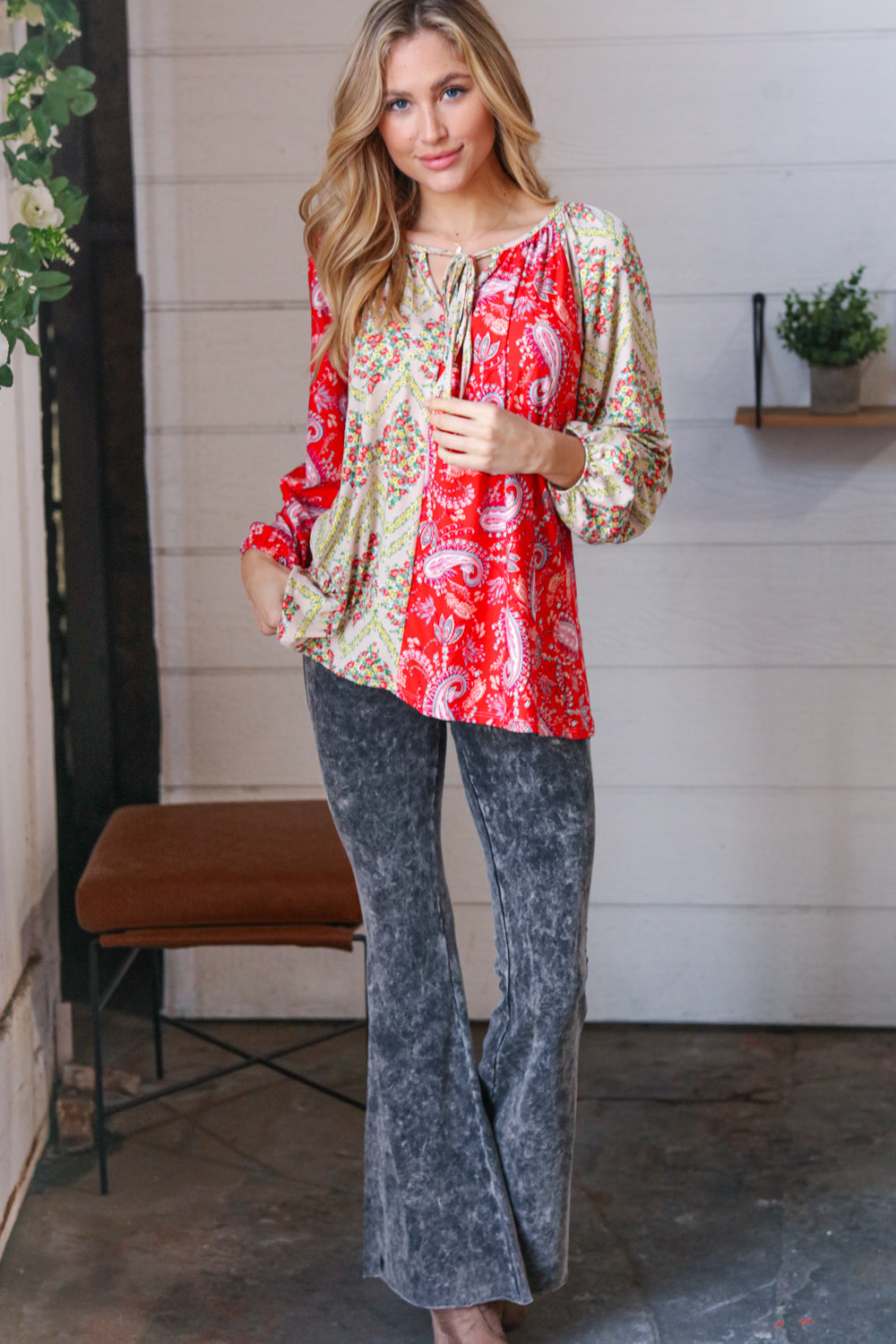 Scarlet Paisley and Floral Chevron Bubble Sleeve Top