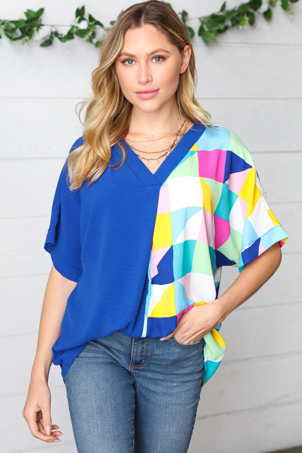 Royal Blue Multicolor Geometric Color Block Dolman Top