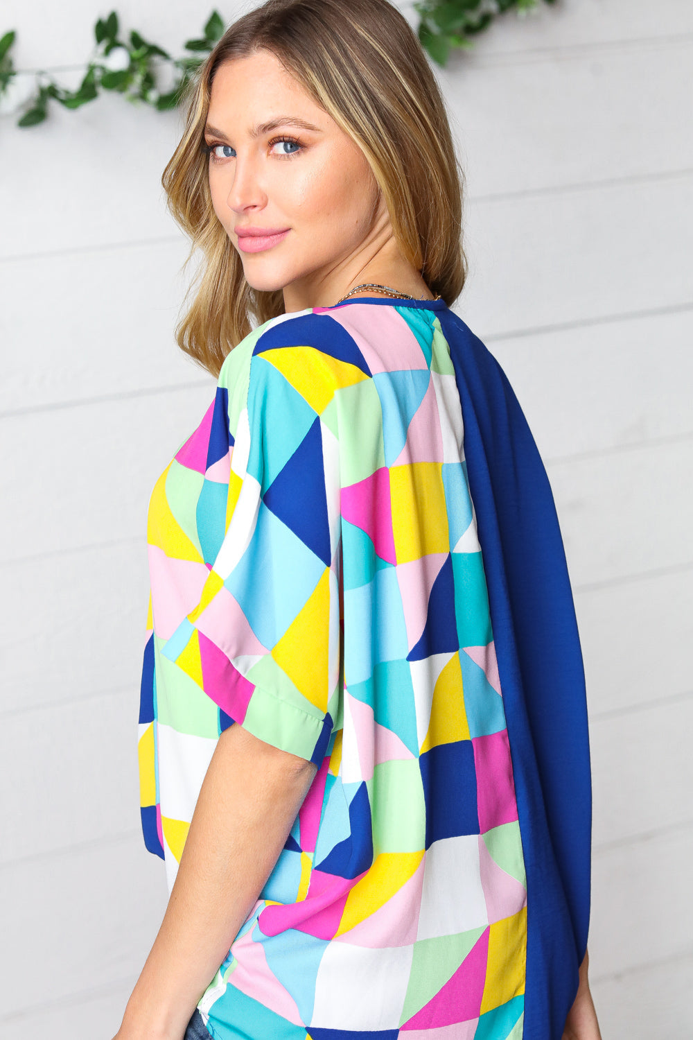 Royal Blue Multicolor Geometric Color Block Dolman Top