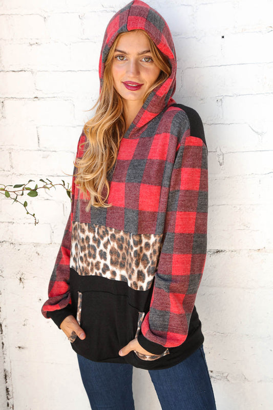 Plaid & Leopard Print Color Block Hoodie