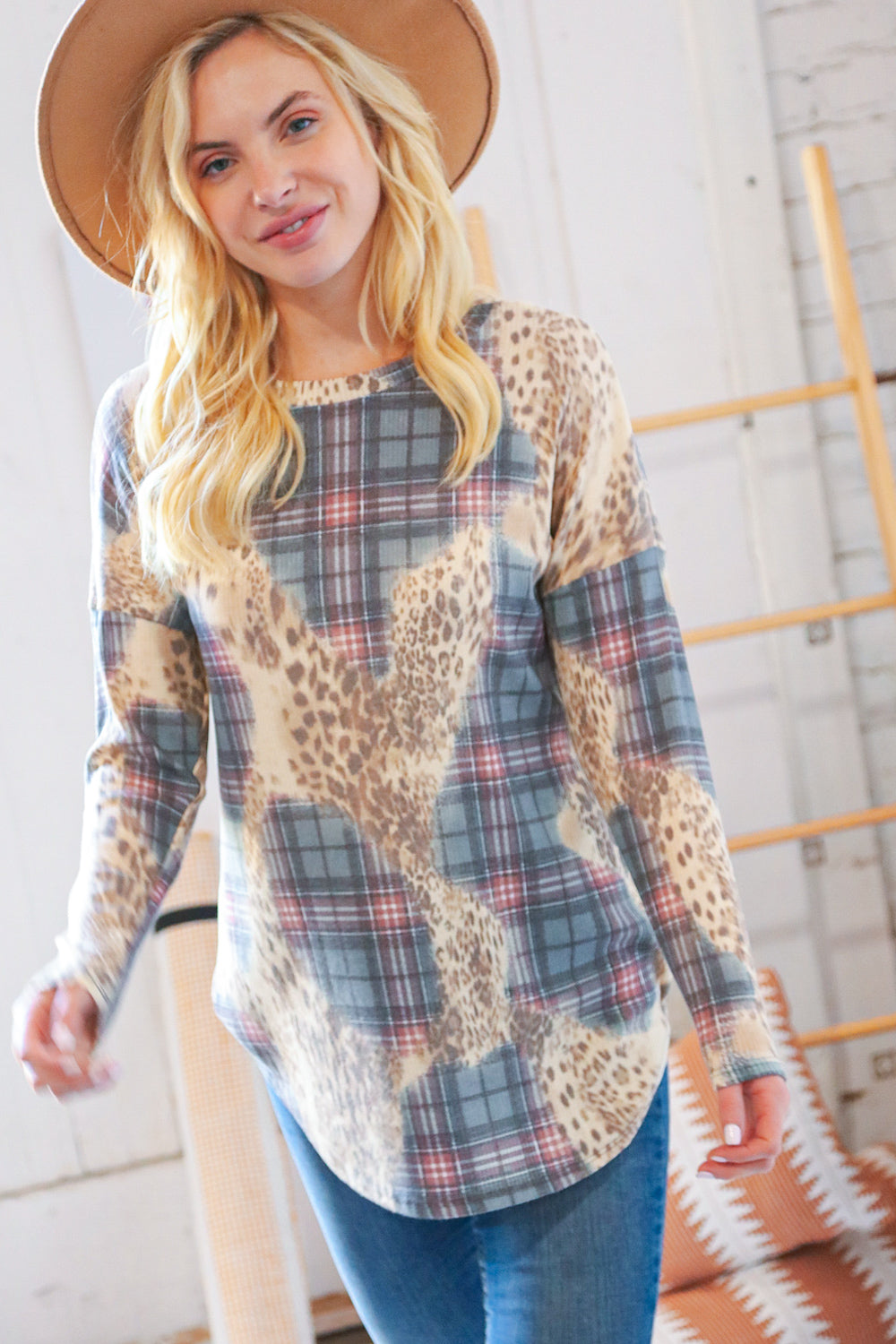 Oatmeal & Teal Rib Leopard and Plaid Patchwork Pullover