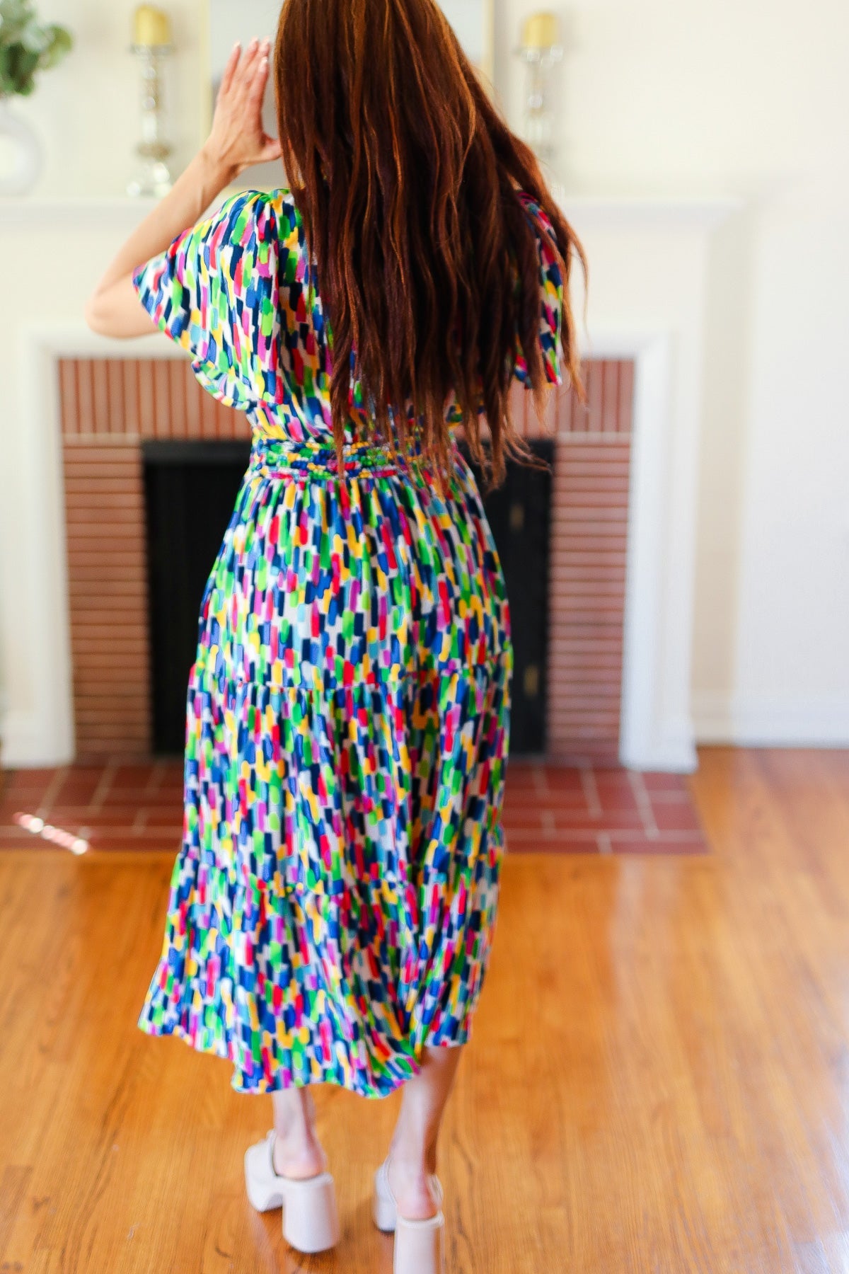 All For You Navy Multicolor Abstract Print Smocked Waist Maxi Dress