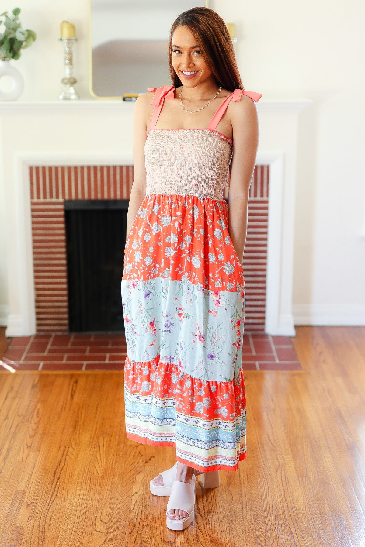 Vacay Vibes Taupe Floral Smocked Tube Top Tiered Maxi Dress