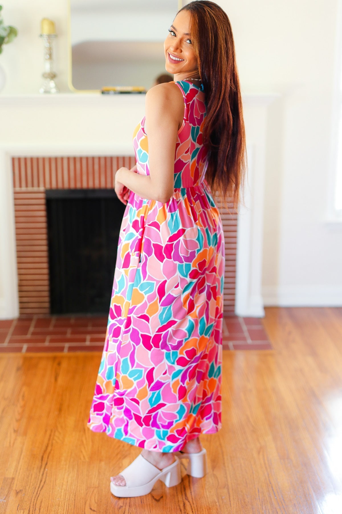 Hello Beautiful Fuchsia Abstract Floral Fit & Flare Maxi Dress