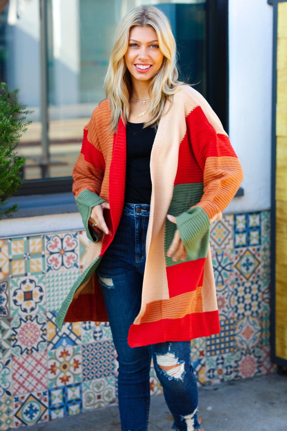 Rust & Taupe Color Block Open Knit Cardigan