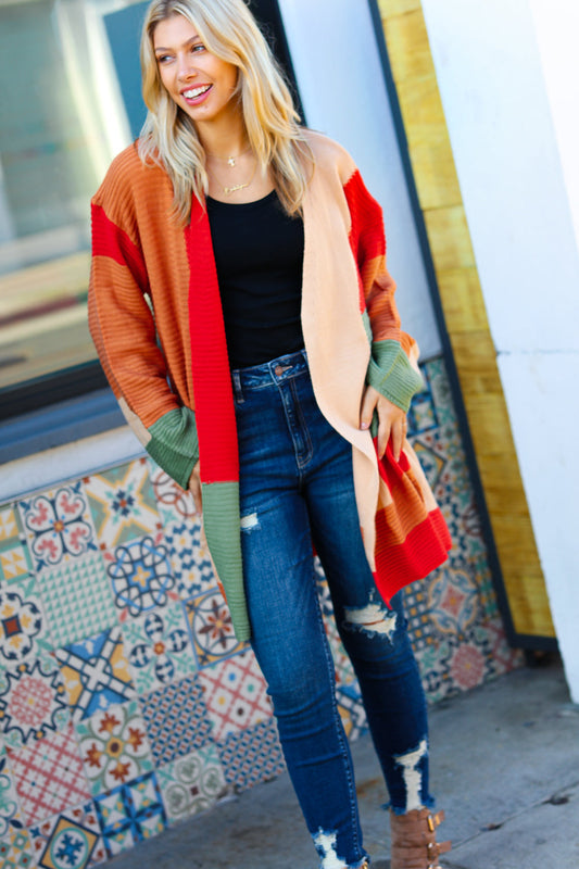 Rust & Taupe Color Block Open Knit Cardigan