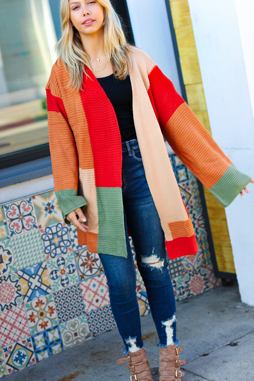 Rust & Taupe Color Block Open Knit Cardigan