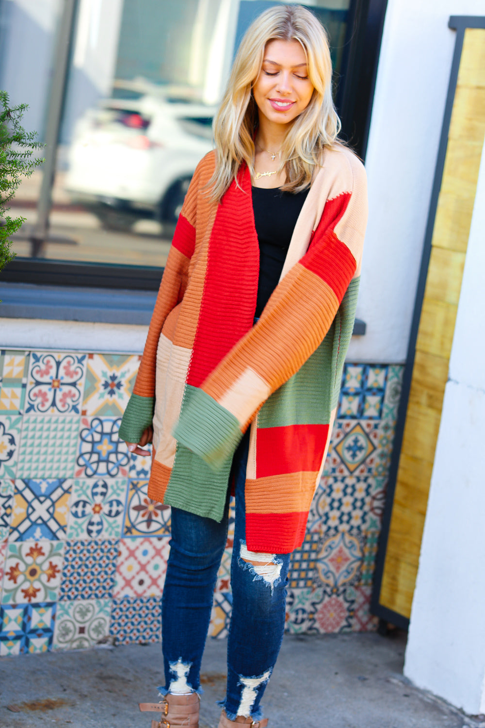 Rust & Taupe Color Block Open Knit Cardigan