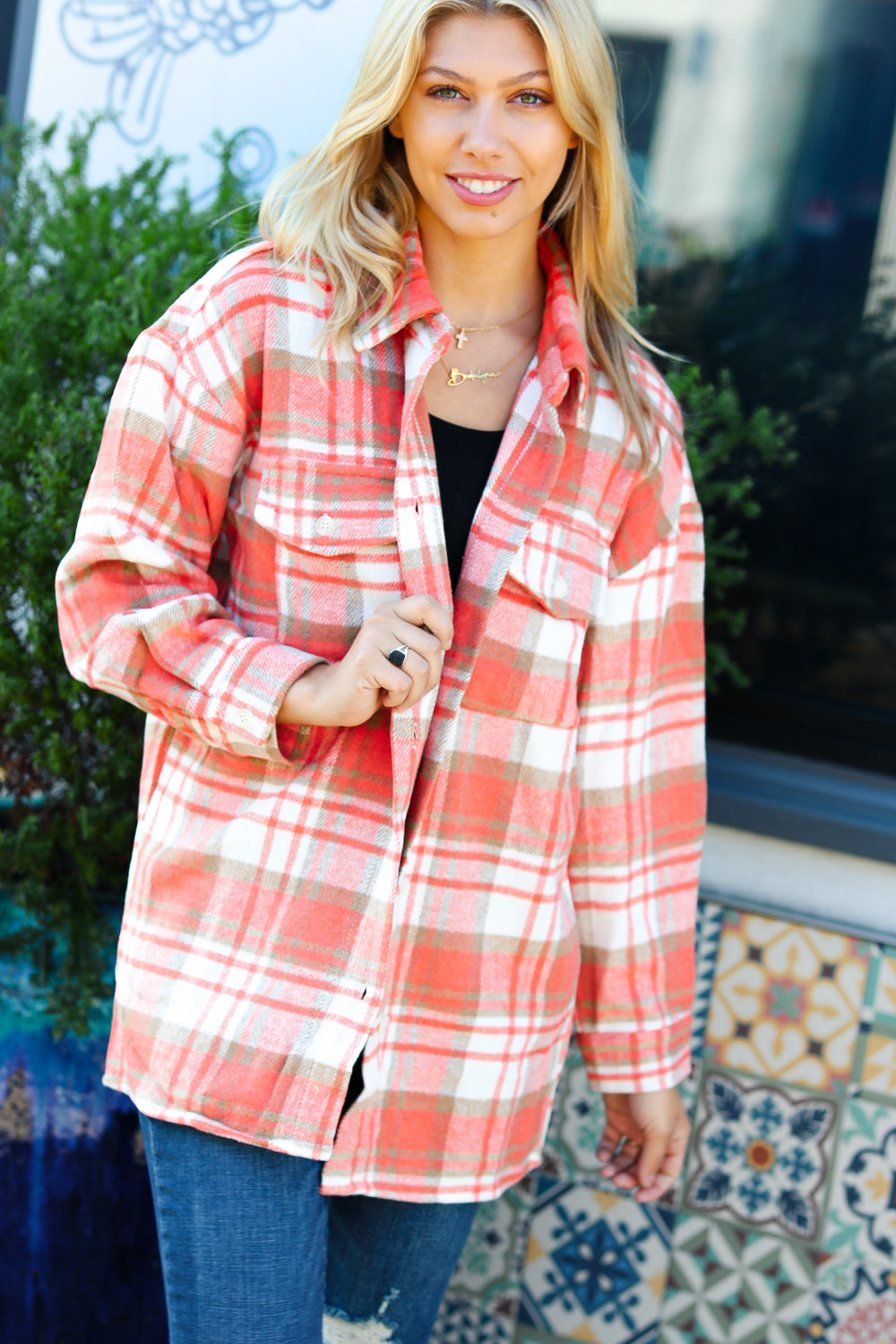 Orange Plaid Flannel Button Down Shacket