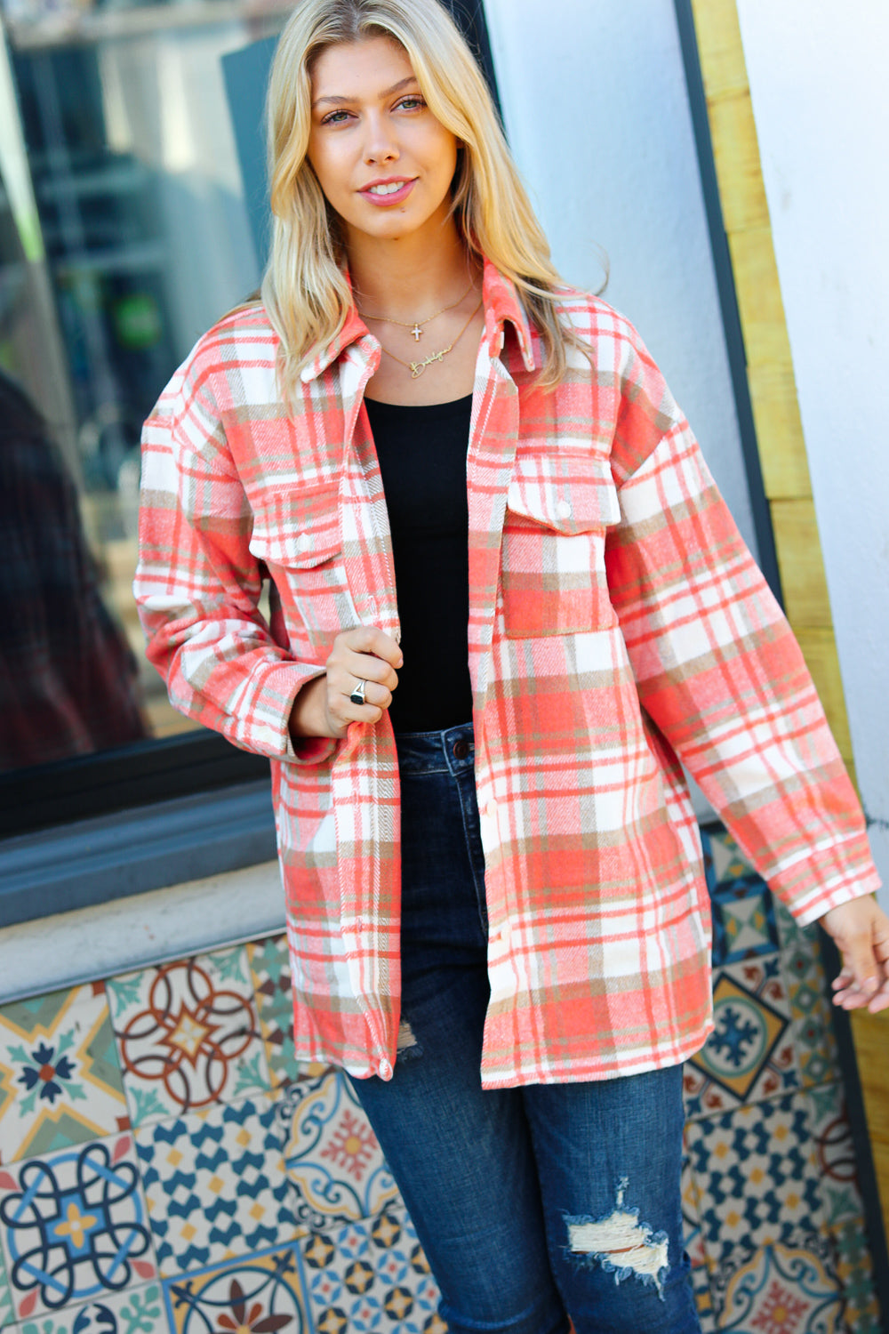 Orange Plaid Flannel Button Down Shacket