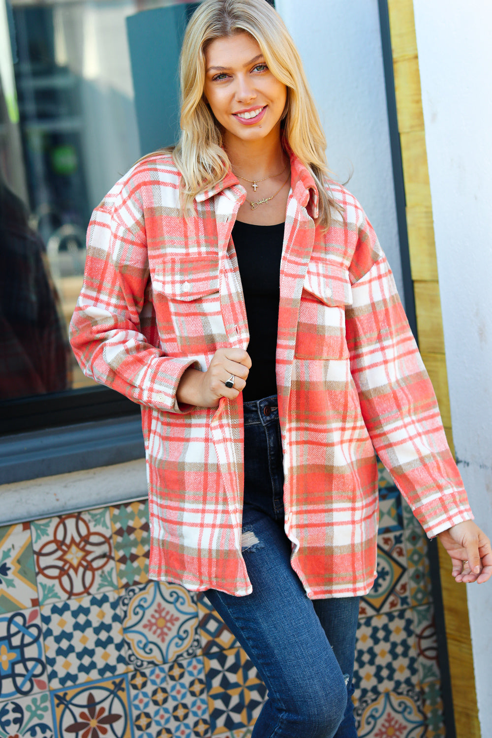 Orange Plaid Flannel Button Down Shacket