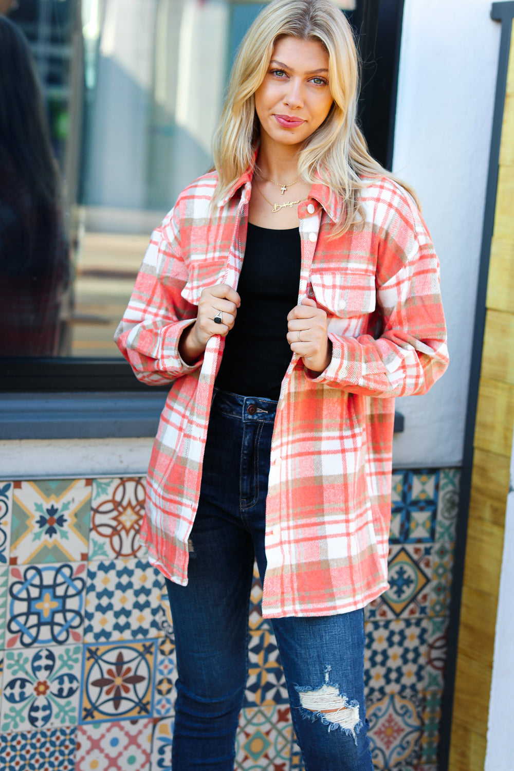 Orange Plaid Flannel Button Down Shacket