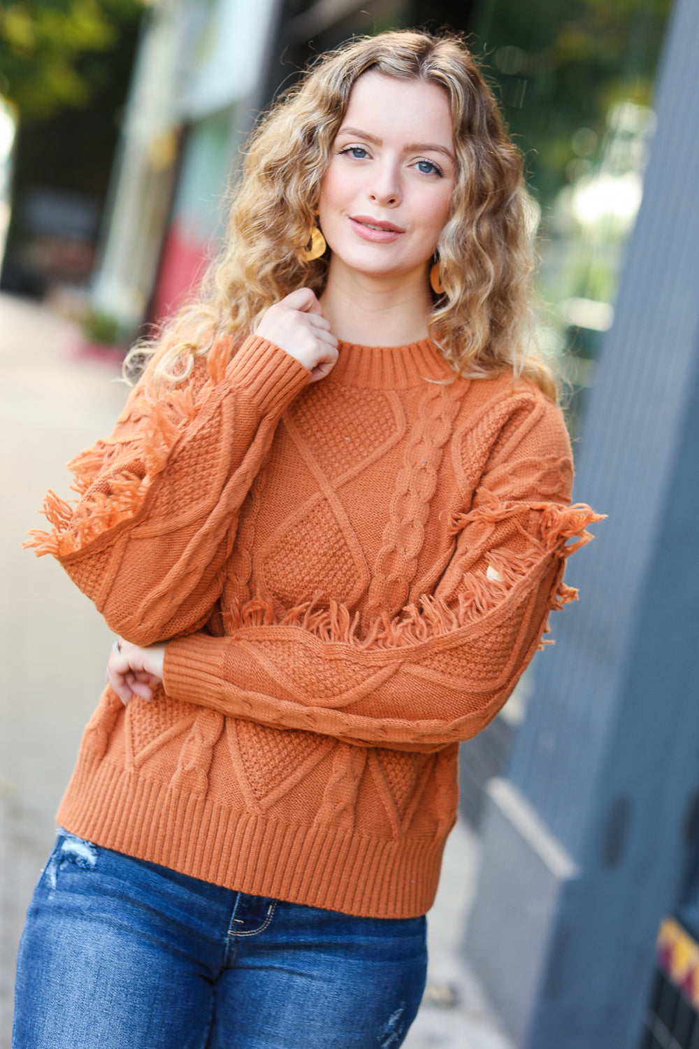 Joyful Days Rust Cable Knit Tassel Fringe Sweater