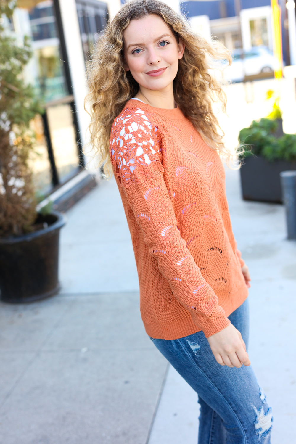 Peach Pointelle Shoulder Lace Sweater