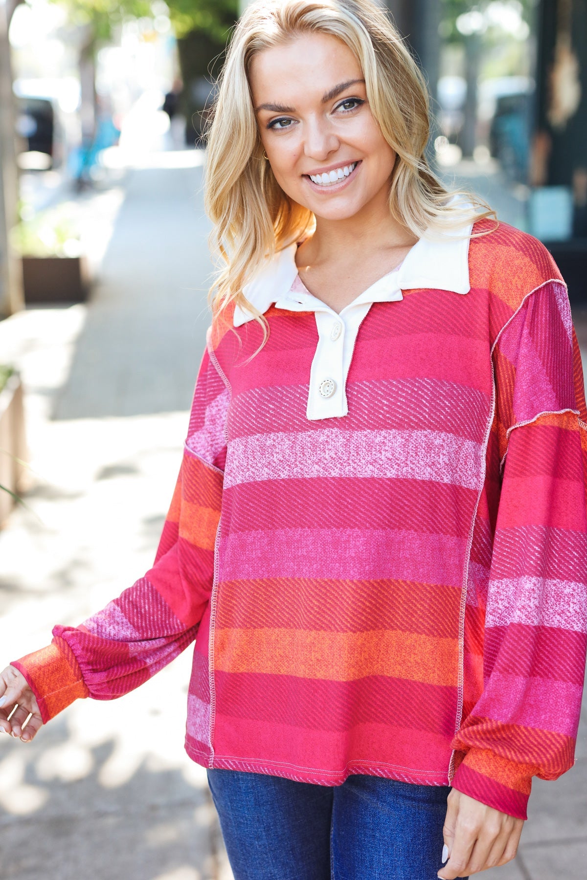 Be Bold Magenta Striped Button Down Placket Collared Top