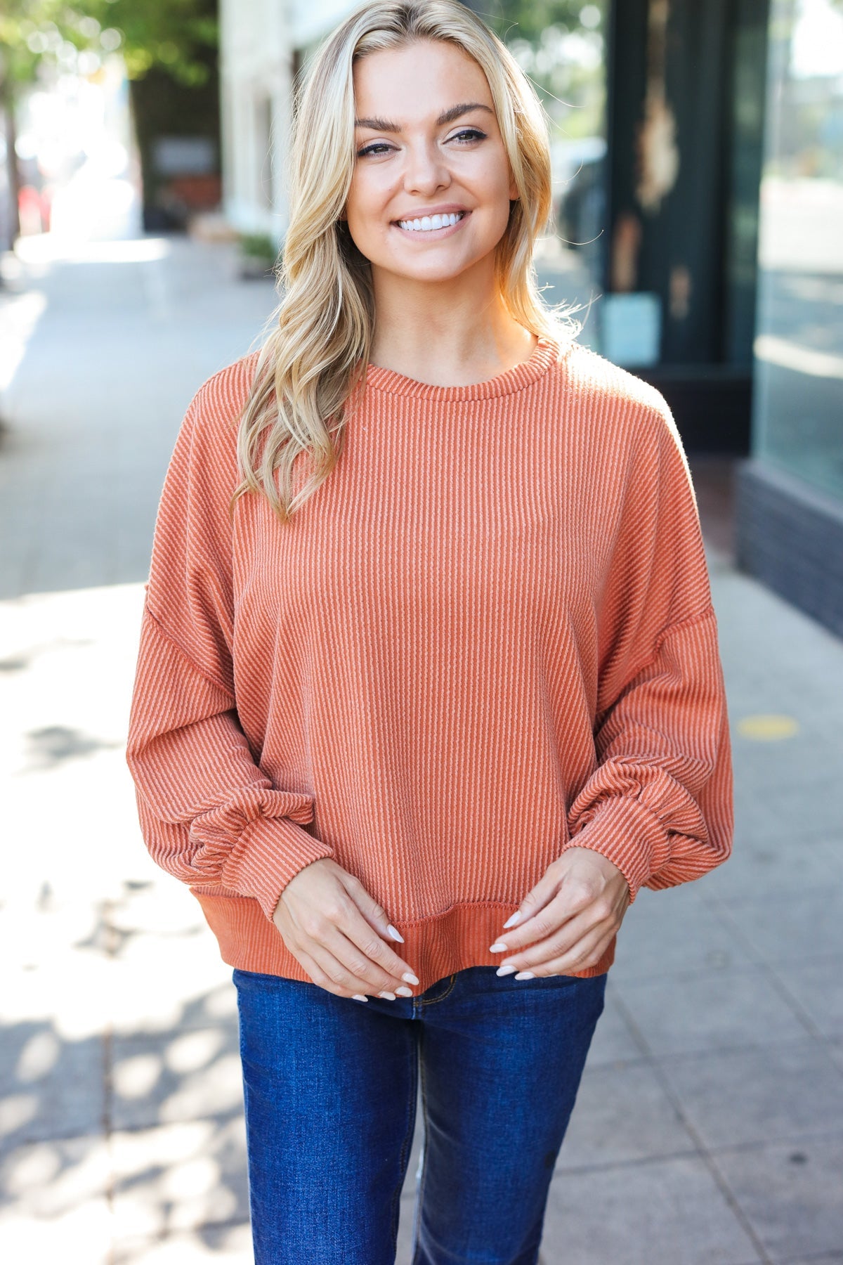 Weekend Ready Rust Mineral Wash Rib Pullover Top