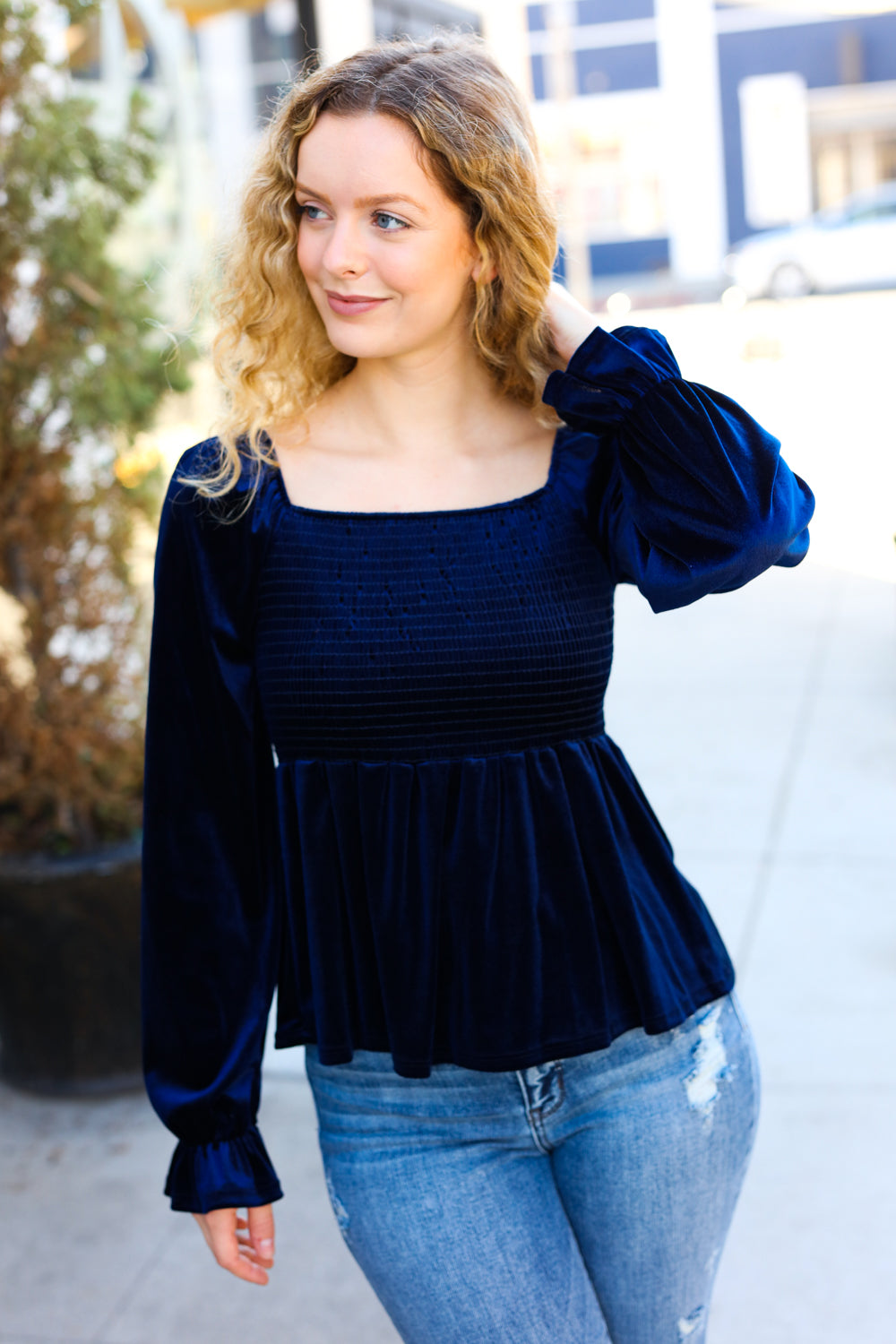 Shine Your Light Navy Crushed Velvet Smocked Ruffle Top