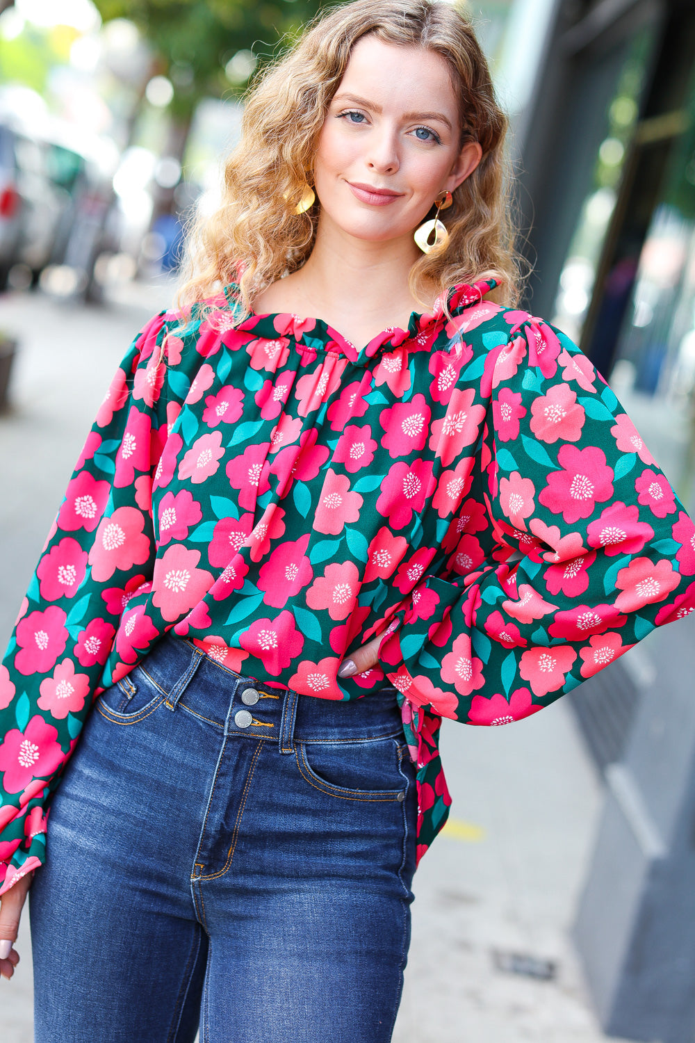 Your Best Days Magenta & Hunter Green Floral Print Frill Neck Top