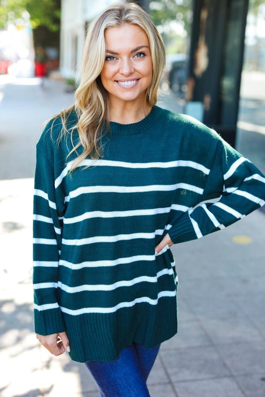 Stand Out Hunter Green Striped Oversized Knit Sweater