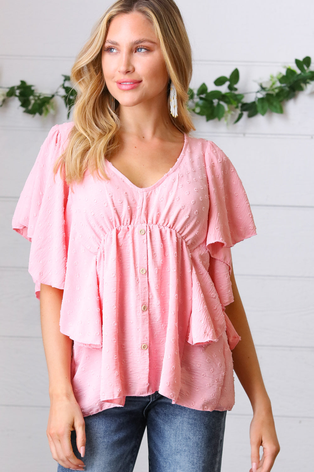 Soft Pink Swiss Dot Ruffle Woven Top